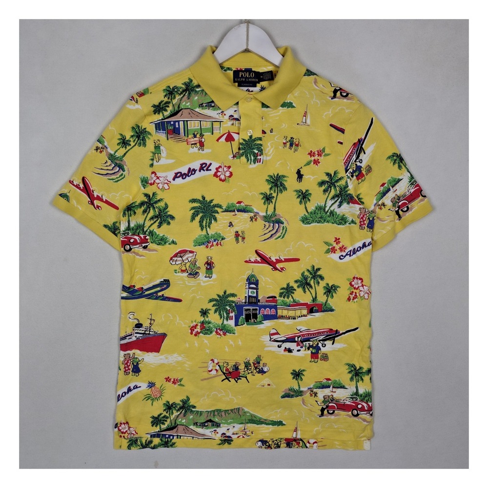 Polo Ralph Lauren Polo Bear Hawaiian Tropical Print Polo Shirt Yellow Classic M